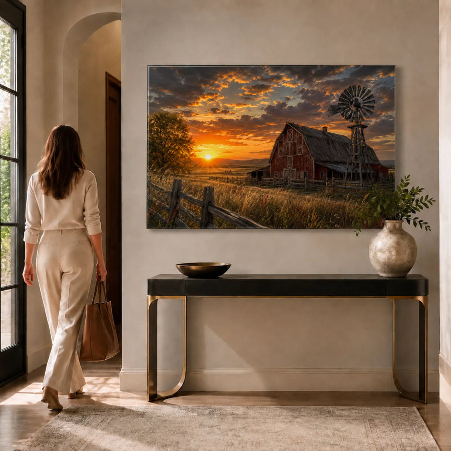 A woman in a cream outfit walks past a console table toward a large wall art print showing a sunset over a red barn and windmill in a field. The room has warm neutral walls, a black-and-gold console table, a vase with greenery, and a window on the left.