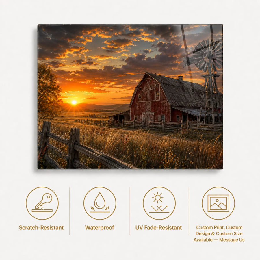 A rectangular wall art print showing a sunset landscape with a red barn, fence, grass, and windmill, displayed on a light gray background with feature icons and text below for scratch resistance, waterproofing, UV fade resistance, and custom print options.