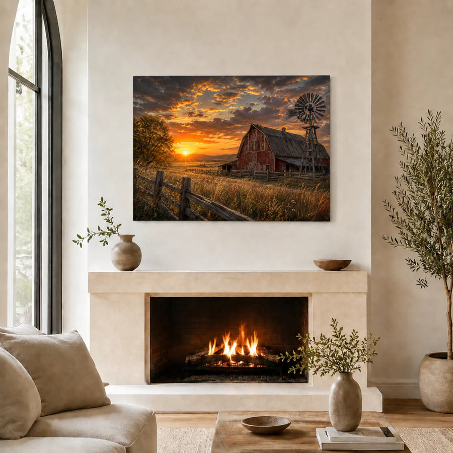 A framed wall art print showing a sunset over a red barn and windmill in a field, displayed above a fireplace in a styled living room with a sofa, vases, and potted plants.