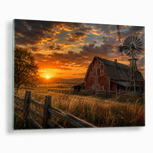 A rectangular wall art print or canvas showing a rural sunset scene with a red barn, windmill, fence, tree, and dramatic orange and brown sky, photographed against a light gray background.