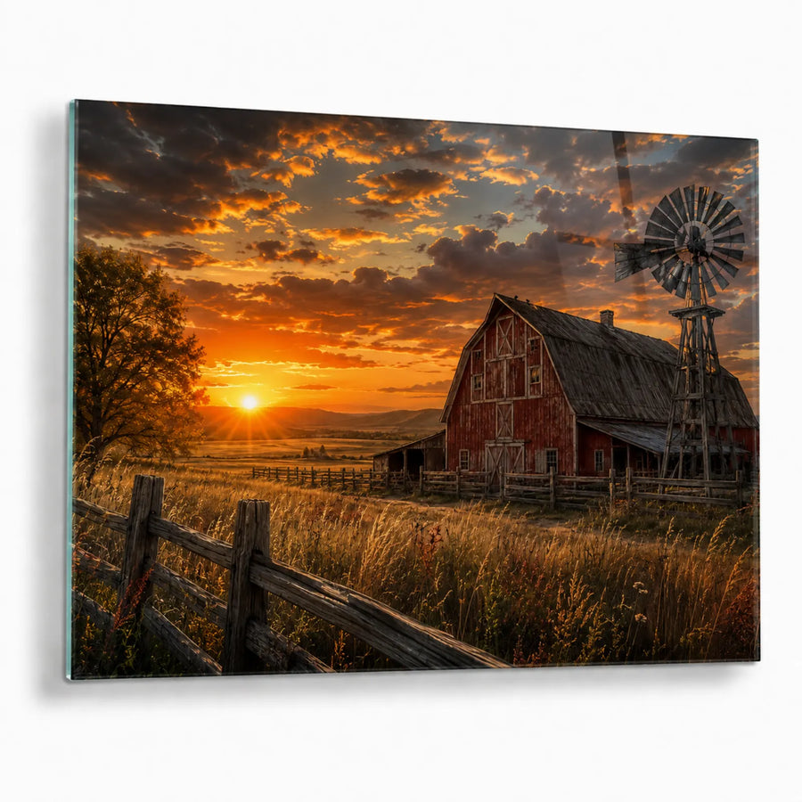 A rectangular wall art print or canvas showing a rural sunset scene with a red barn, windmill, fence, tree, and dramatic orange and brown sky, photographed against a light gray background.