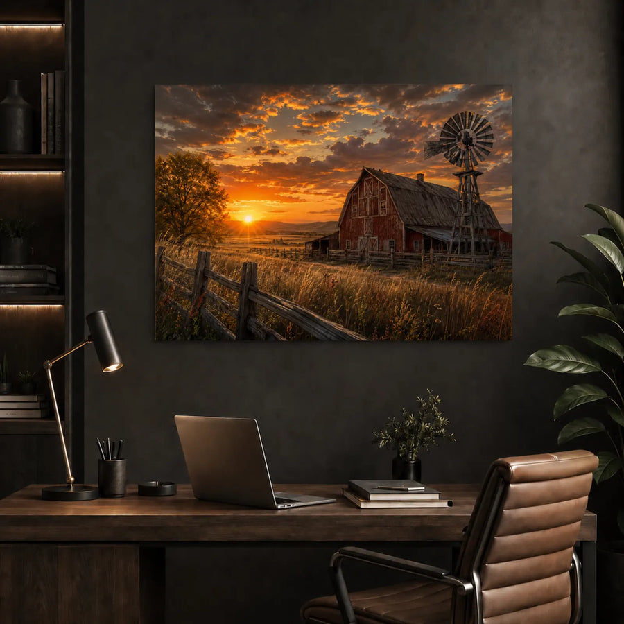 A rectangular wall art print showing a sunset over a rural barn scene with a windmill, displayed above a desk in a dark modern room with a laptop, lamp, chair, and plant.