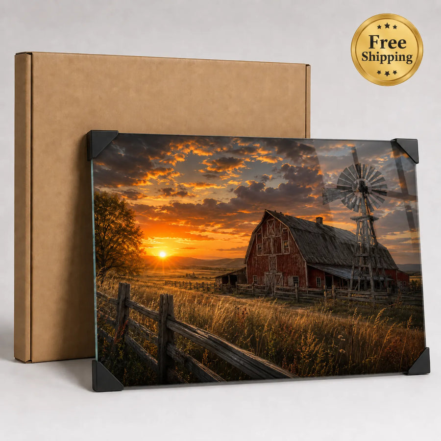 A rectangular glass or acrylic picture frame with black corner protectors, displaying a sunset landscape of a red barn, windmill, and fence. A plain brown box is positioned behind it on a light gray background, and a gold 'Free Shipping' badge appears in the top right corner.