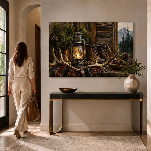 A rectangular wall art print or canvas showing a rustic still life with a glowing lantern, brown hiking boots, pinecones, evergreen branches, antlers, and a plaid blanket, mounted against a plain white wall.