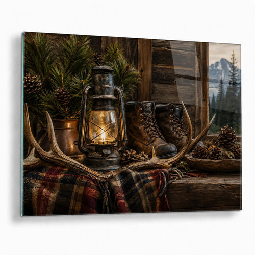 A rectangular wall art print or canvas showing a rustic still life with a glowing lantern, brown hiking boots, pinecones, evergreen branches, antlers, and a plaid blanket, mounted against a plain white wall.