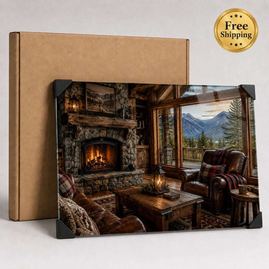 A rectangular wall art print or canvas showing a rustic lodge interior with a fireplace, leather chairs, and mountain views outside, displayed in front of a tan box. A gold 'Free Shipping' badge appears in the top right corner.