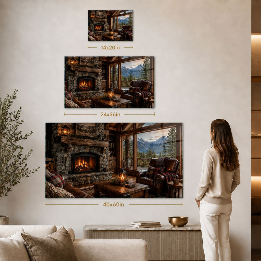 A staged interior room showing a large wall-mounted canvas print of a cozy lodge fireplace scene, with two smaller matching prints above it. A woman stands to the right, and the image includes dimension labels for the prints.