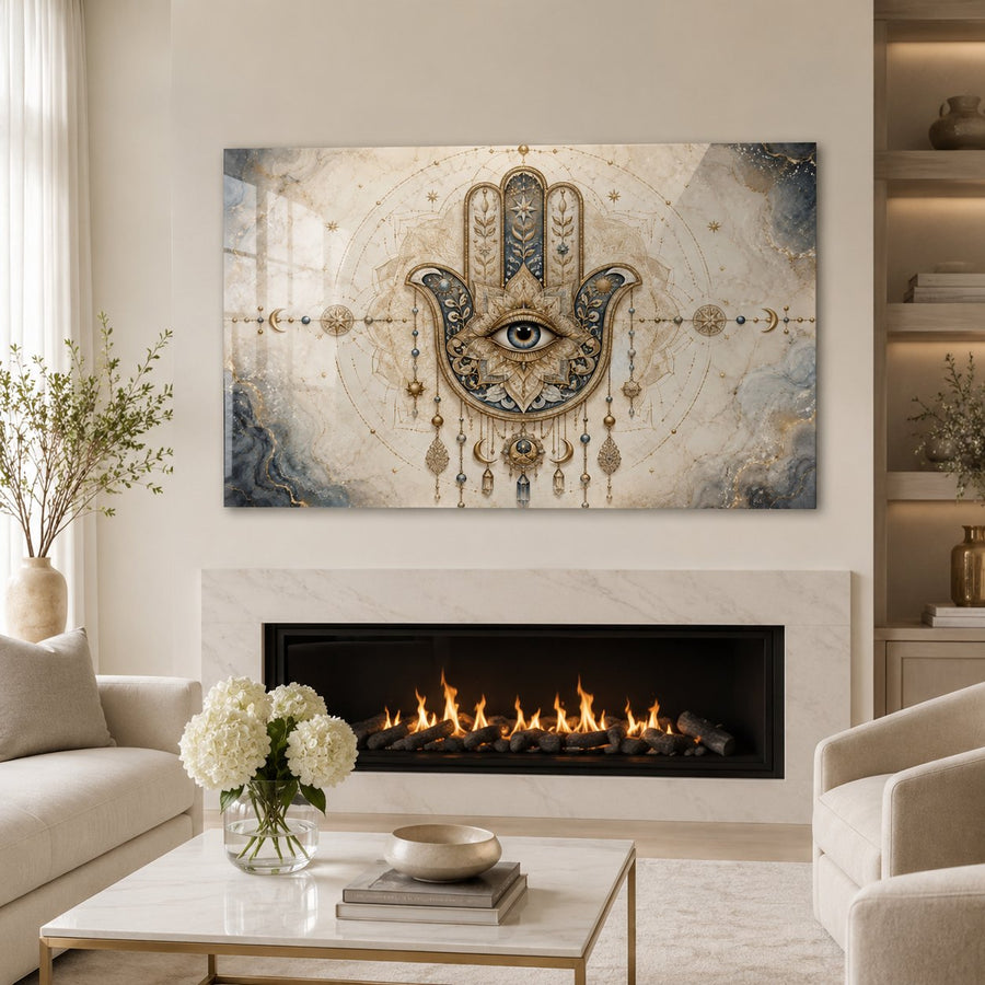 A large rectangular wall art piece featuring a decorative hamsa hand with an eye at the center and ornate hanging details, displayed above a fireplace in a styled living room with chairs, a coffee table, and flowers.