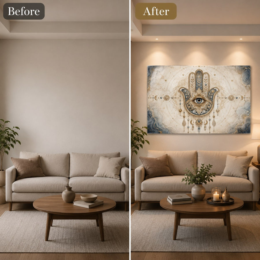 A side-by-side before and after comparison showing a living room setup. The left 'Before' image shows a beige sofa and round wooden coffee table in a sparsely decorated room.