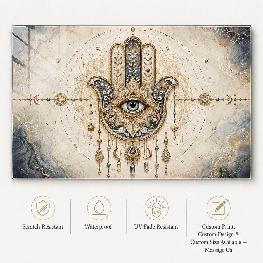 A rectangular wall art print featuring a decorative Hamsa hand with an eye motif, surrounded by crescent moons, stars, and ornate gold-toned geometric details on a beige marbled background. Below the artwork are four feature icons reading Scratch-Resistant, Waterproof, UV Fade-Resistant, and Custom Print / Custom Design / Custom Size Available / Message Us.