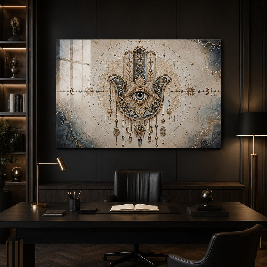 A large canvas wall art print featuring an ornate Hamsa hand with an eye and hanging pendant motifs, displayed above a dark wood desk in a modern, dimly lit home office.