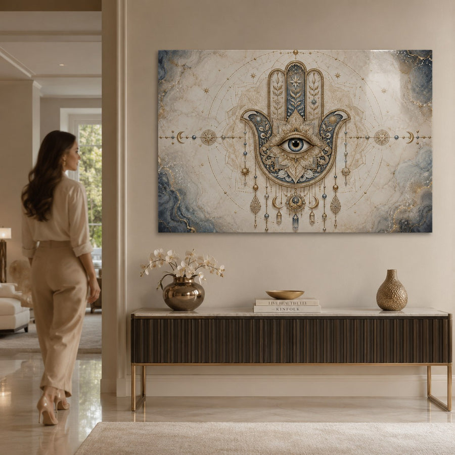 A large rectangular wall art piece featuring a decorative Hamsa hand with an eye motif and ornate hanging details, displayed above a console table in a modern interior. A woman in beige clothing walks through the doorway on the left.