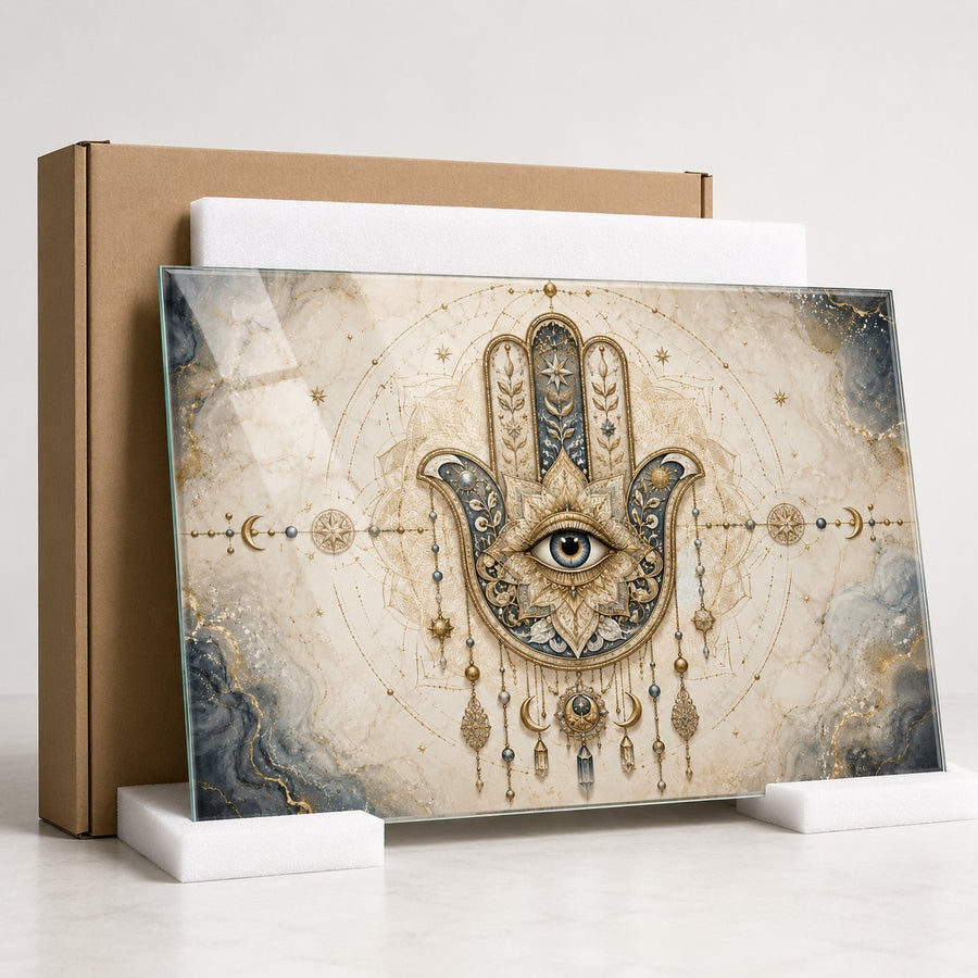 A decorative glass art print featuring a detailed Hamsa hand with an eye of providence, surrounded by celestial and ornamental motifs. The print is displayed on a white stand in front of a brown cardboard box on a light gray surface.