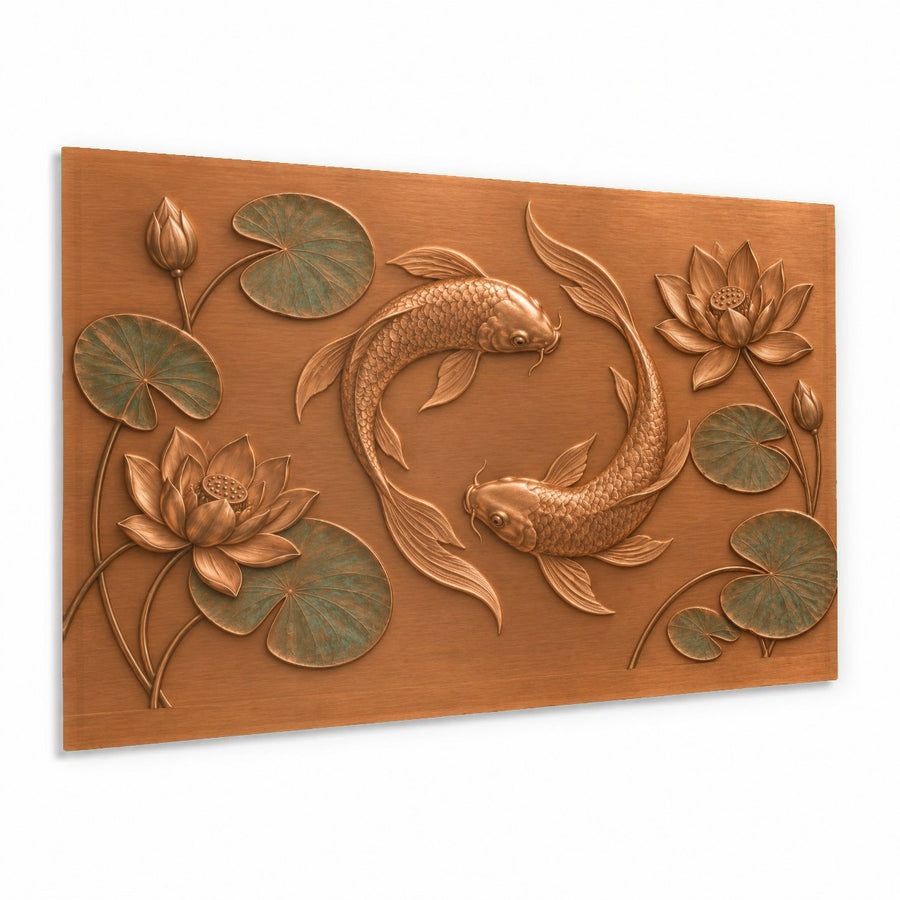 Lotus Koi glass wall art hanging above a minimalist sofa in a modern living room
