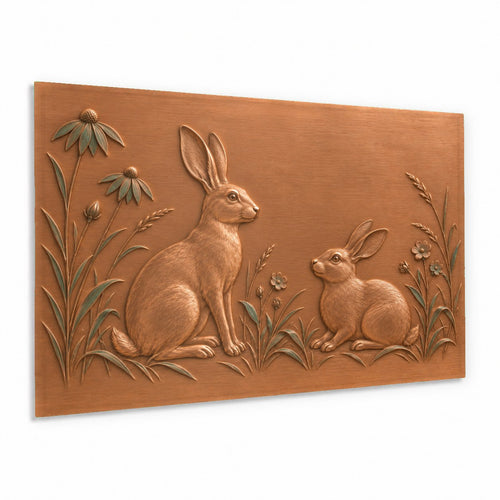 Meadow Hares Glass Wall Art hanging above a rustic wooden console table in a bright living room