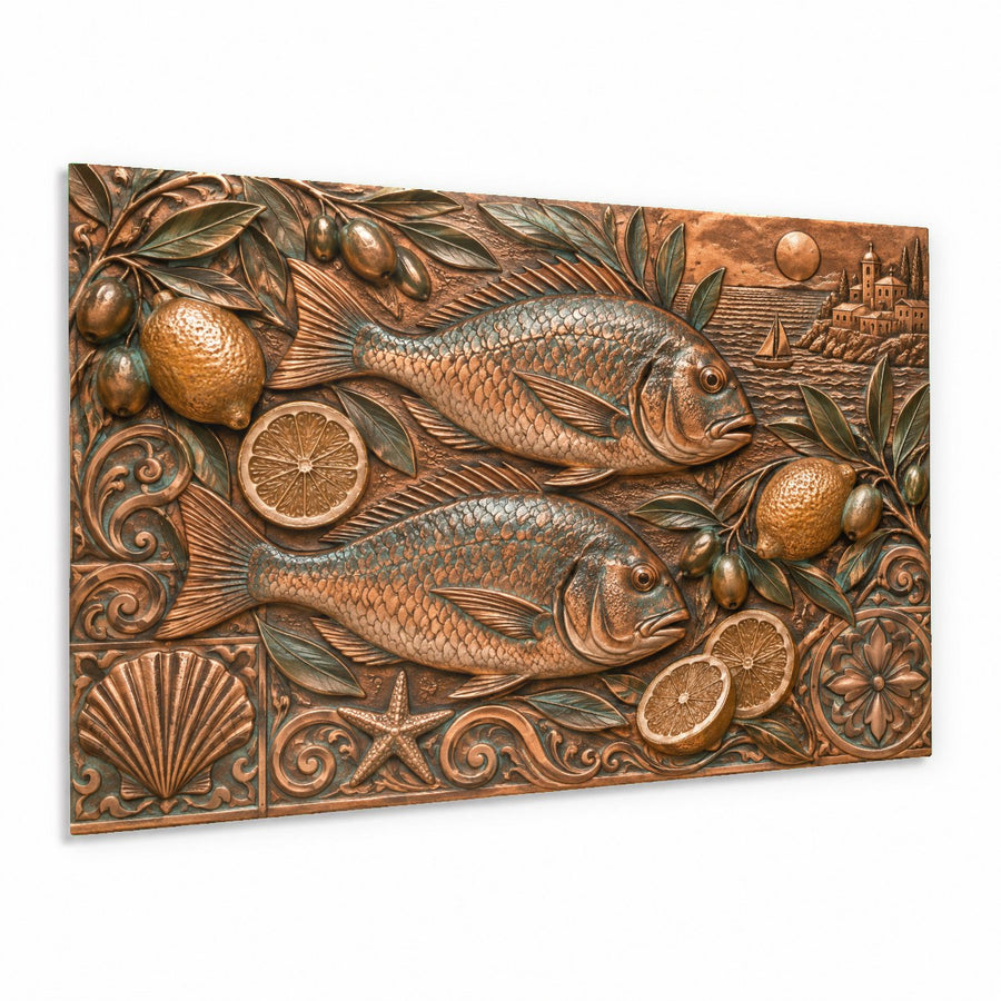 Mediterranean Catch glass wall art hanging in a bright coastal living room above a beige sofa