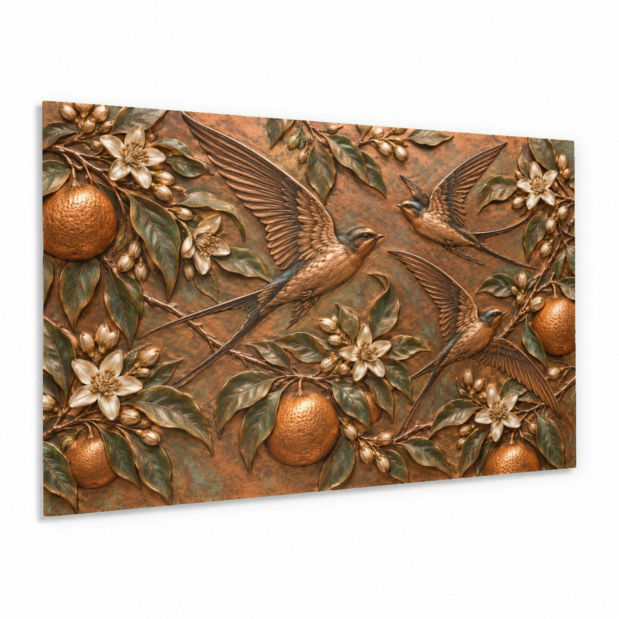 Orange Swallows Glass Wall Art hanging above a modern living room sofa