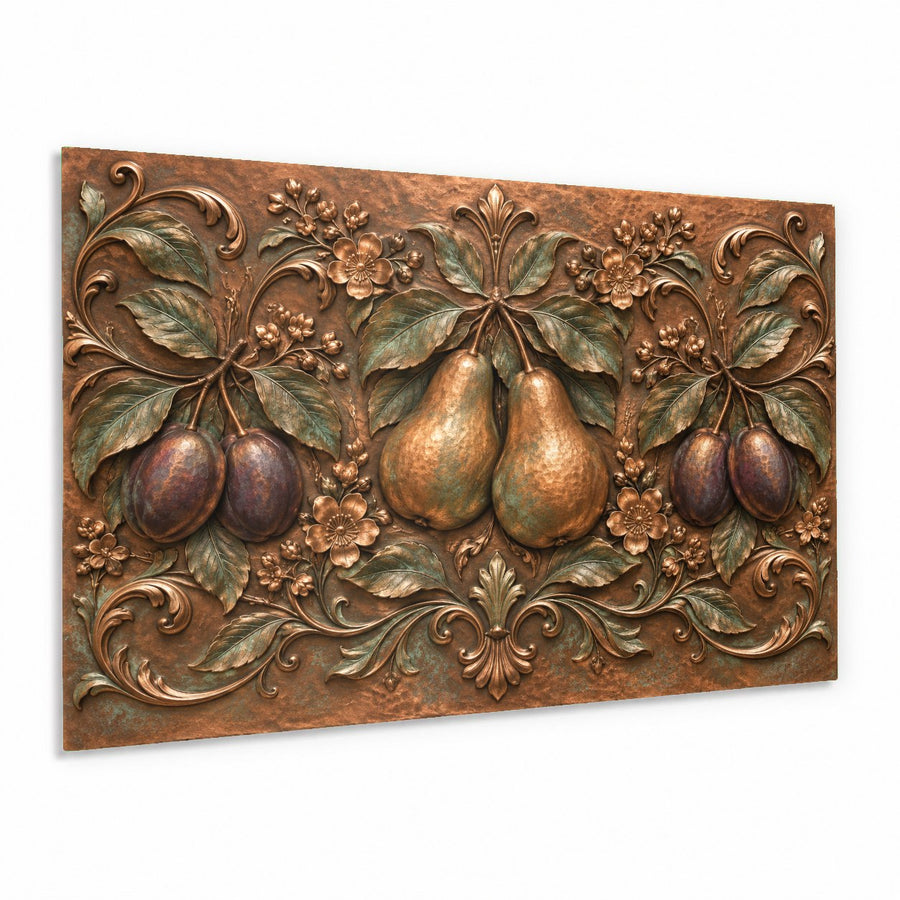 Pear Plum glass wall art hanging in a bright modern farmhouse kitchen above a white quartz countertop