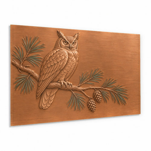 Pine Owl glass wall art hanging above a modern living room sofa