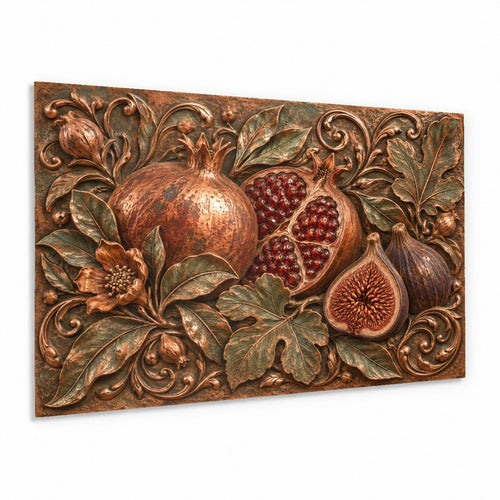 Pomegranate Fig glass wall art displayed above a modern wooden dining table in a sunlit dining room