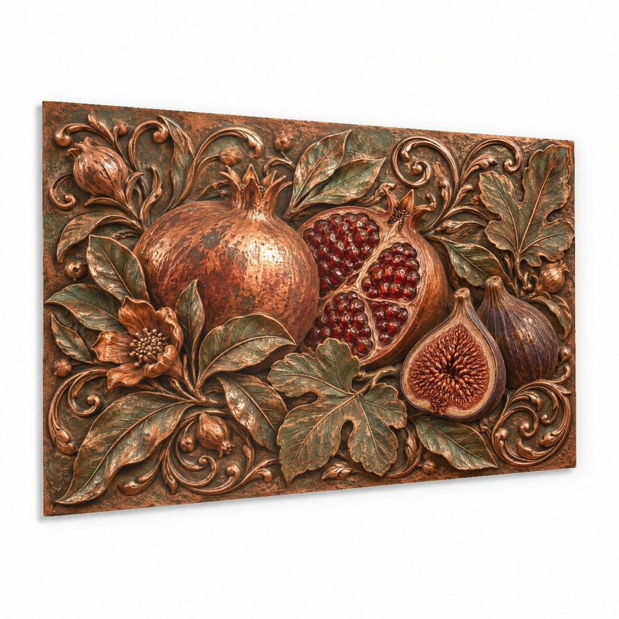 Pomegranate Fig glass wall art displayed above a modern wooden dining table in a sunlit dining room
