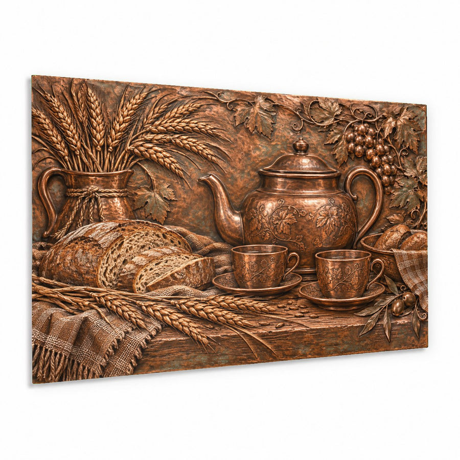 Rustic Teatime glass wall art hanging in a cozy country kitchen with warm lighting
