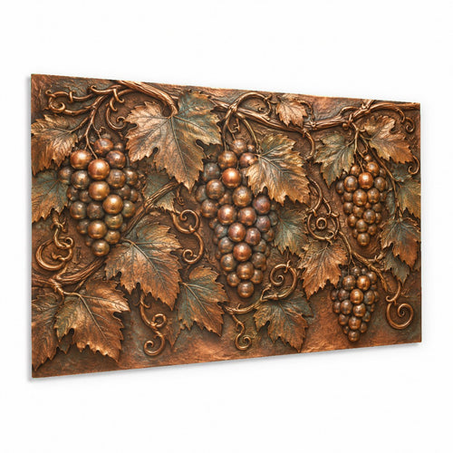 Vineyard grapes glass wall art hanging in a warm rustic dining room