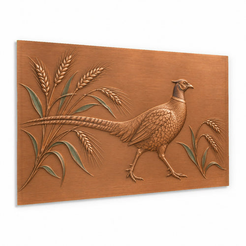 Wheat Pheasant glass wall art hanging above a rustic wooden sofa in a cozy living room