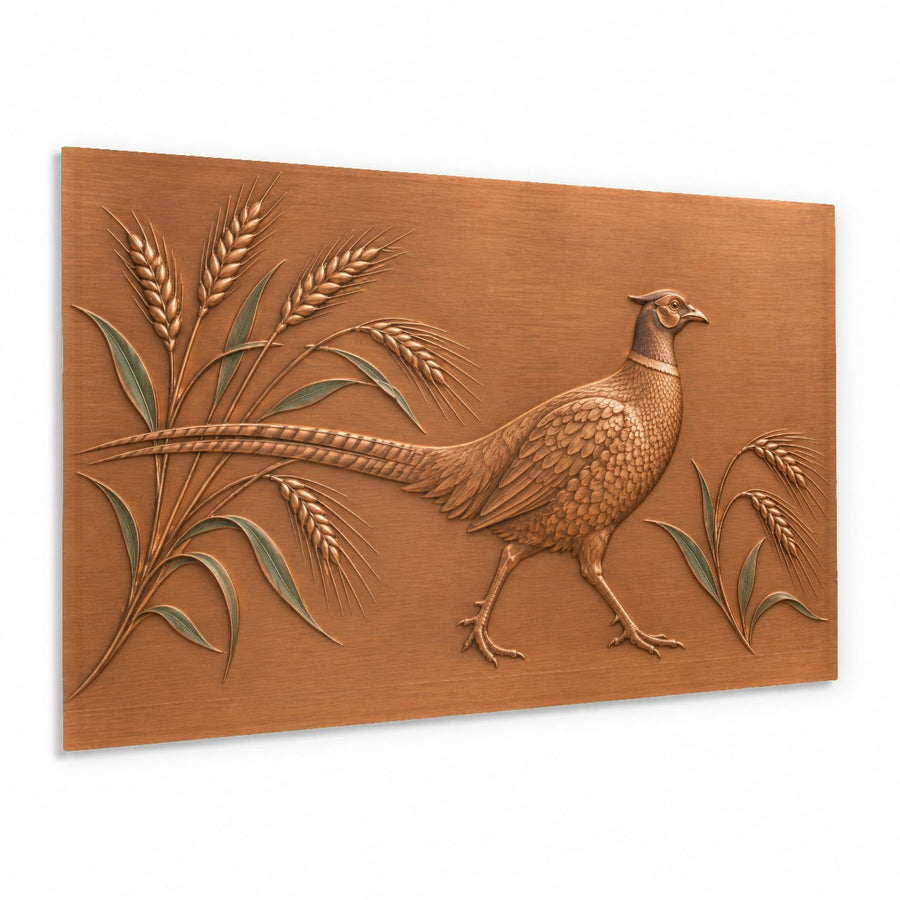Wheat Pheasant glass wall art hanging above a rustic wooden sofa in a cozy living room