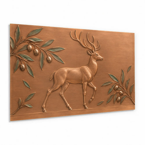 Woodland stag glass wall art hanging in a cozy rustic living room above a stone fireplace
