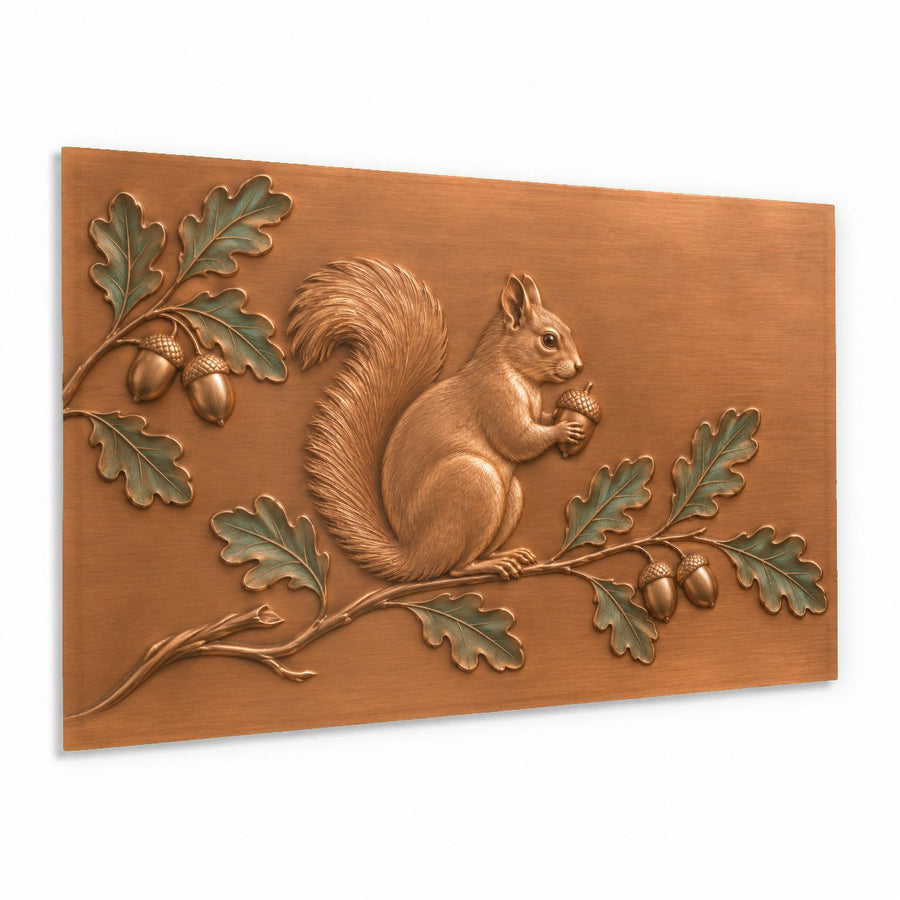 Acorn Squirrel Glass Wall Art hanging above a rustic wooden media console in a warm living room