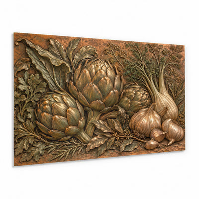 Artichoke Garlic Glass Wall Art | Kitchen Tempered Glass Print