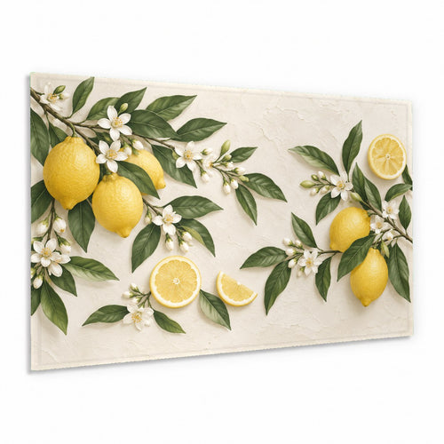 Lemon Blossom Glass Wall Art hanging above a modern dining table