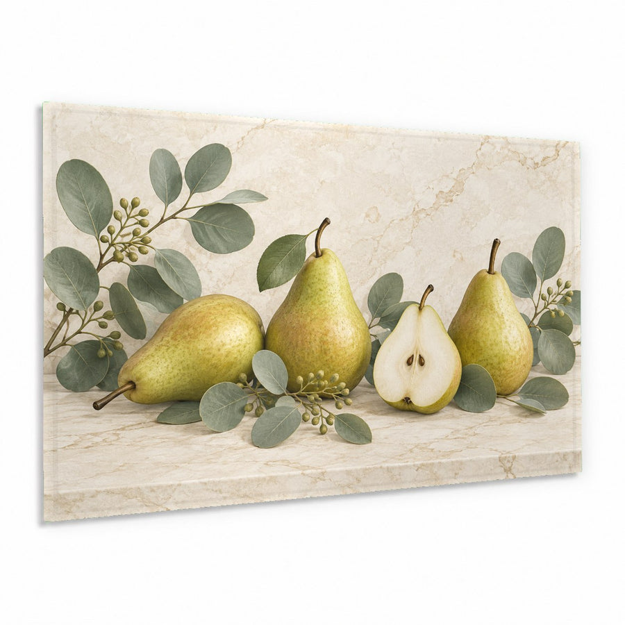Pear eucalyptus botanical glass wall art hanging in a bright modern kitchen