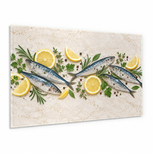 Sardine Lemon Glass Wall Art hanging in a modern white kitchen with sunlight