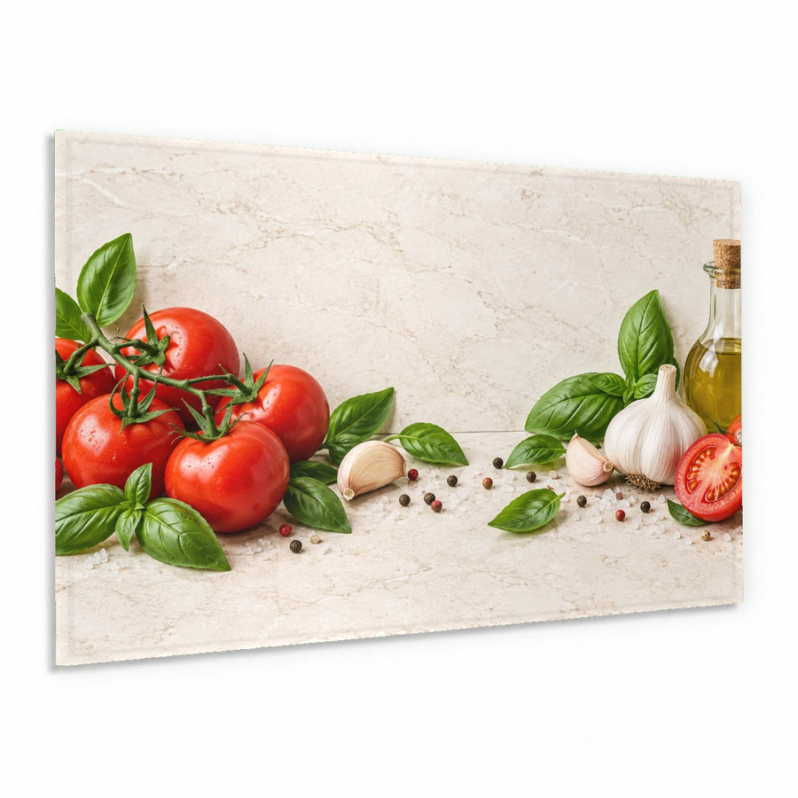 Tomato Basil glass wall art hanging in a modern white kitchen above a marble countertop