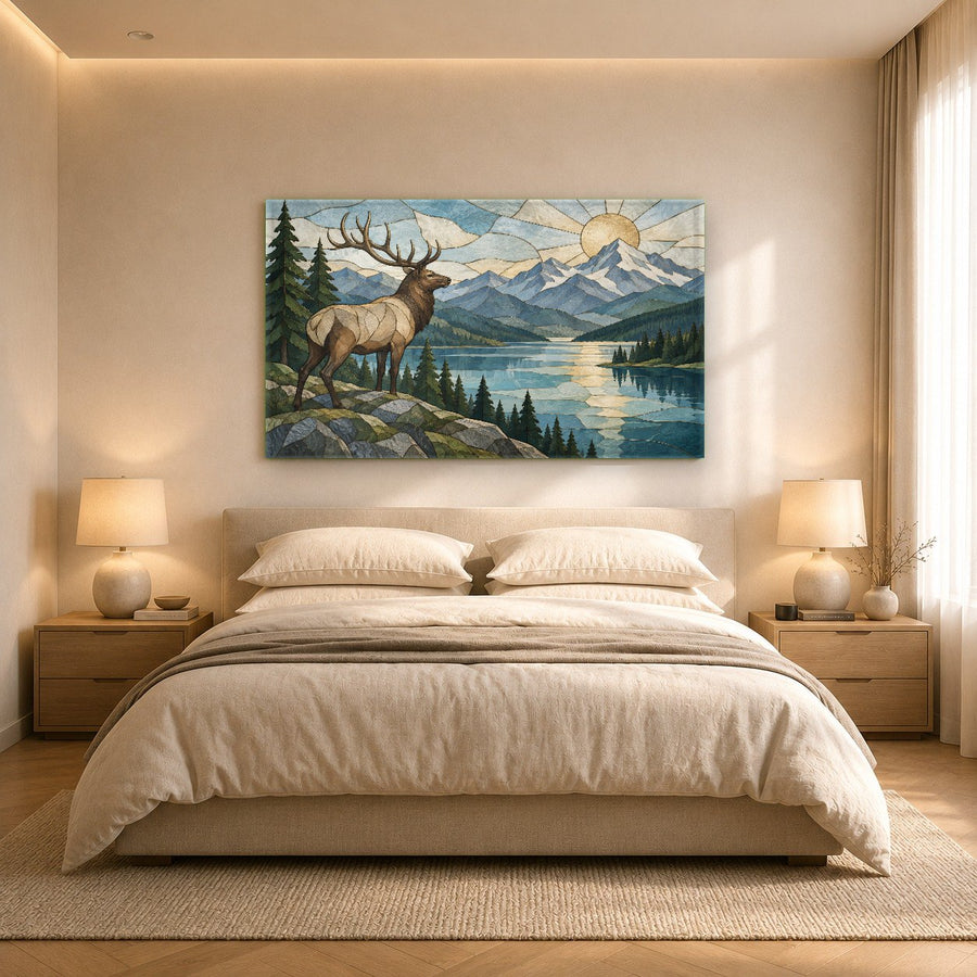 Elk River tempered glass wall art mounted above a brown leather sofa in a rustic cabin living room