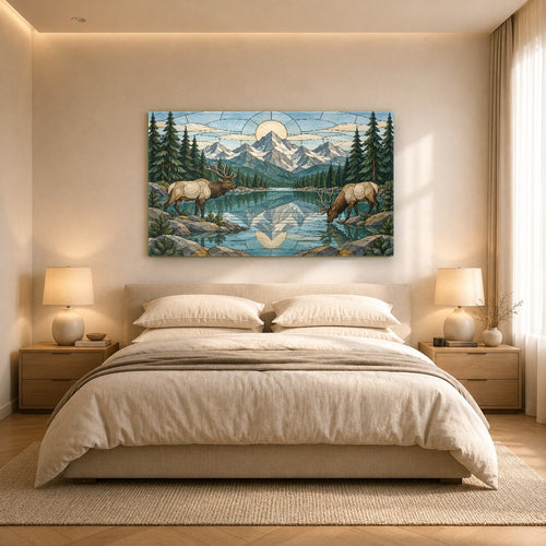 Deer and wilderness landscape tempered glass panel mounted above a dark green leather sofa in an executive office.
