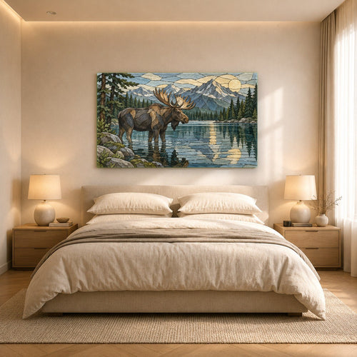 Large elk landscape glass art displayed in a modern mountain lodge dining room