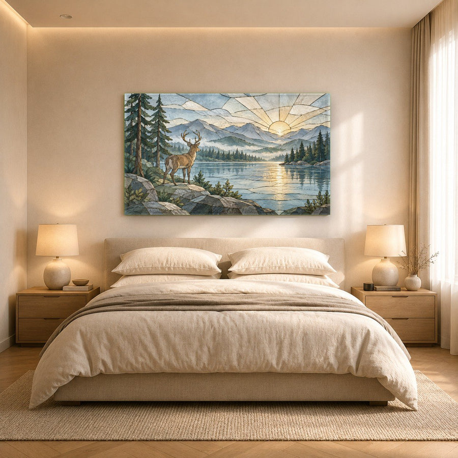 Deer Sunset glass wall art hanging above a rustic leather sofa in a mountain cabin living room.