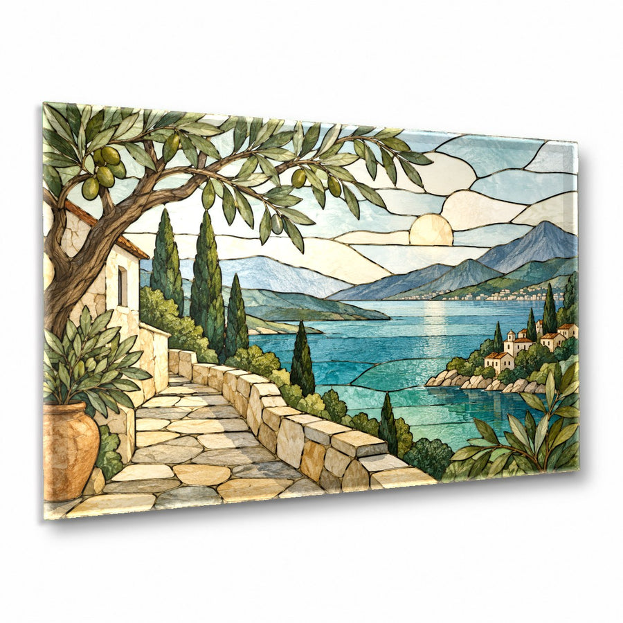 Coastal stained glass wall art hanging above a beige linen sofa in a bright coastal living room.