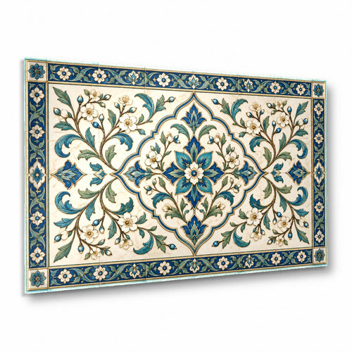 Blue tile look glass wall art hanging in a bright coastal living room above a white sofa