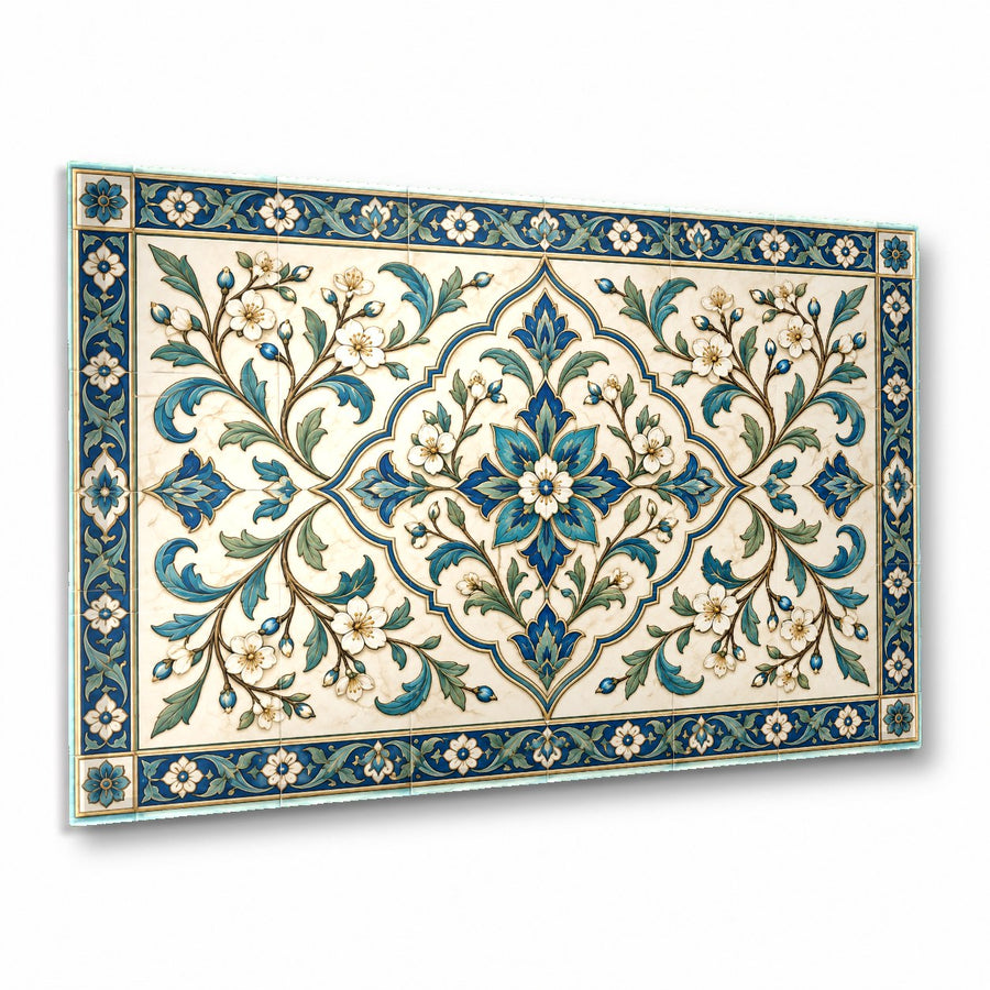 Blue tile look glass wall art hanging in a bright coastal living room above a white sofa
