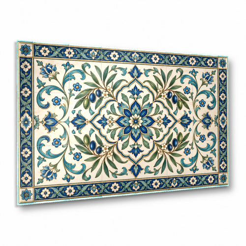 Rustic Harmony Tile Glass Wall Art hanging as a statement piece in a bright, modern farmhouse kitchen.