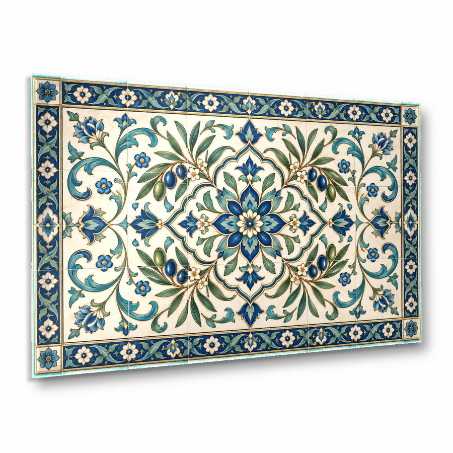 Rustic Harmony Tile Glass Wall Art hanging as a statement piece in a bright, modern farmhouse kitchen.