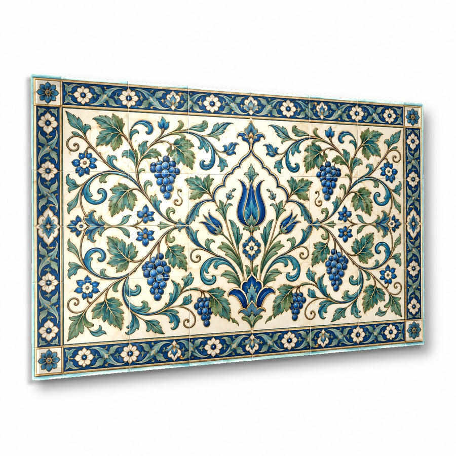 Anatolian pattern glass wall art hanging in a modern living room above a sofa