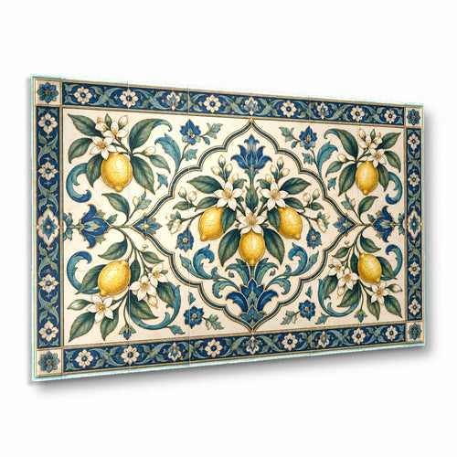 Lemon Tile Glass Wall Art hanging in a bright, modern white kitchen above a marble countertop.