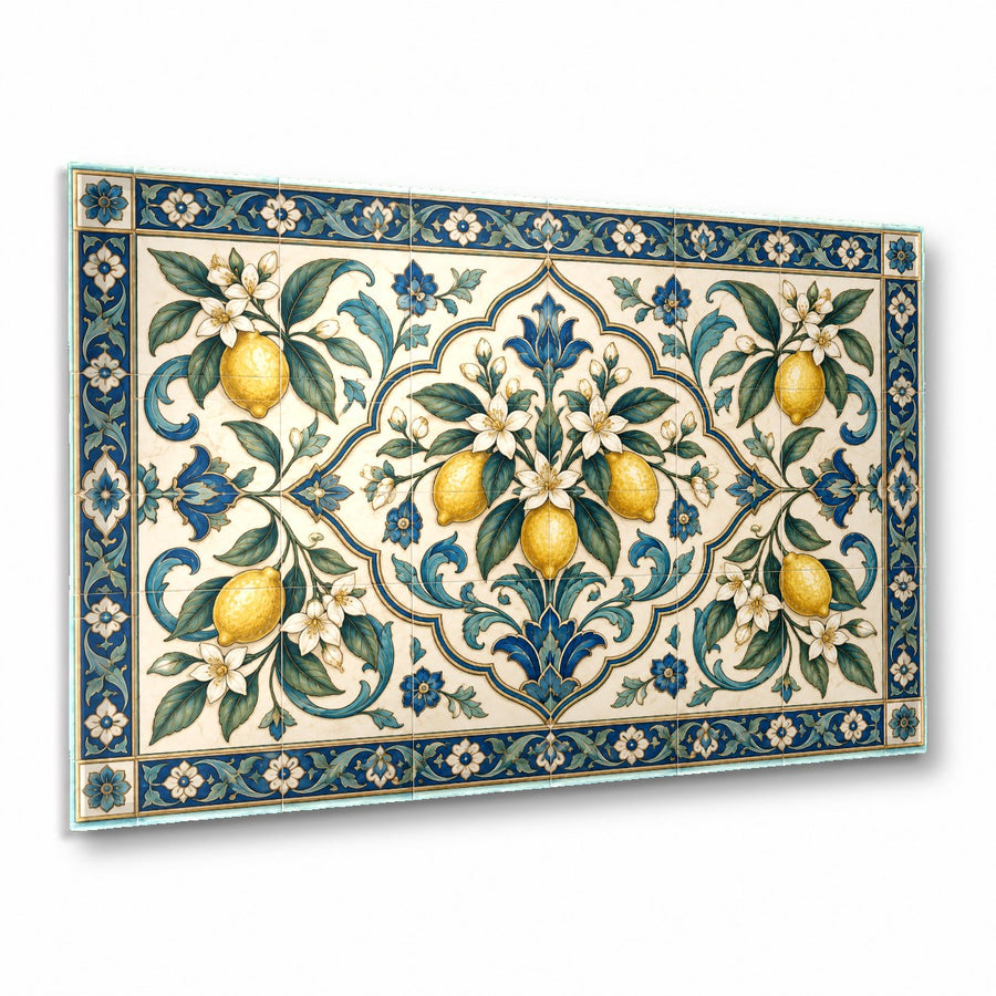 Lemon Tile Glass Wall Art hanging in a bright, modern white kitchen above a marble countertop.