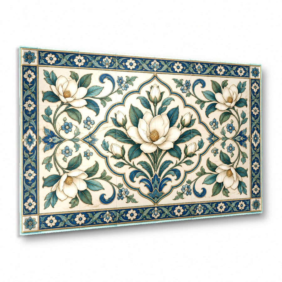 Mediterranean Grace coastal glass wall art hanging in a bright luxury living room