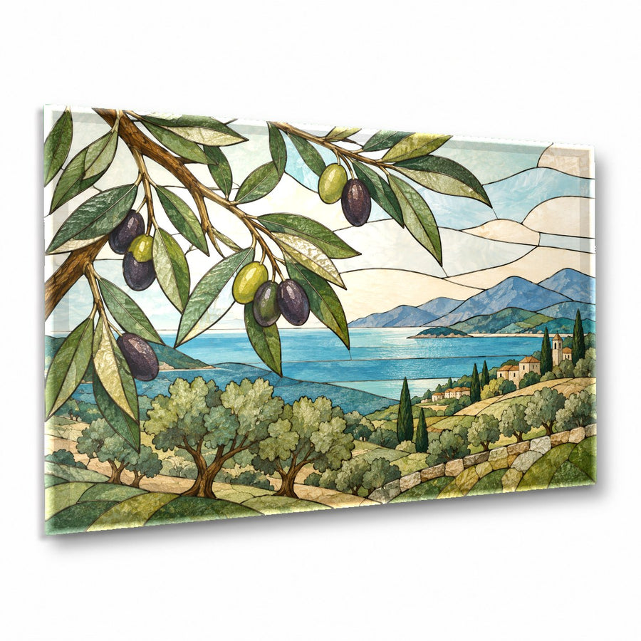 Stained Olive Glass Wall Art hanging above a modern neutral sofa in a minimalist living room